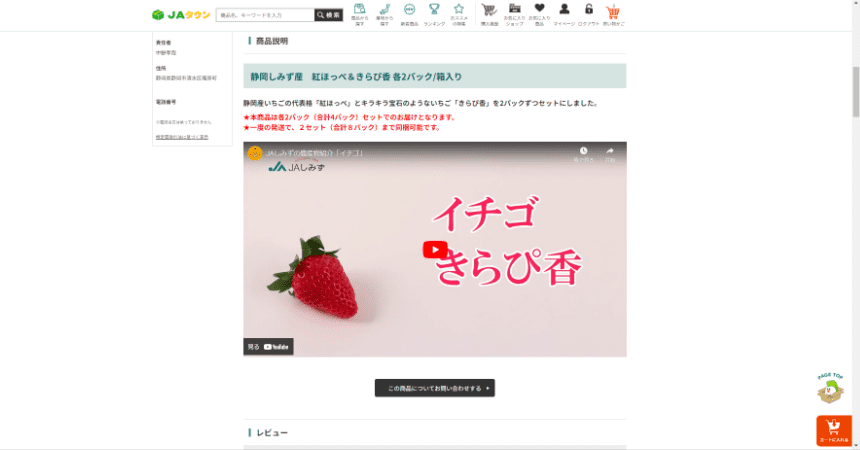 JAタウン　商品ページ例（いちご）